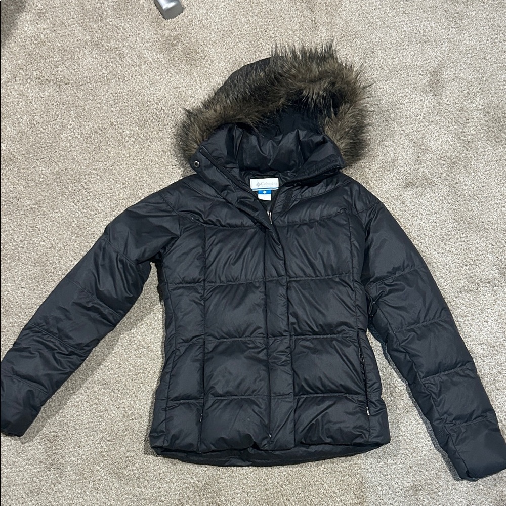 Womens Black Puffer Jacket with Faux Fur Hood